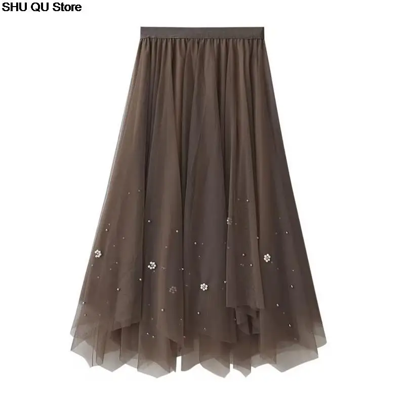 تنورة شاش مطرزة غير منتظمة جديدة لعام 2025 للنساء بخصر عالٍ تنورة عصرية تناسب الجميع على شكل حرف a متوسطة الطول بطول الإناث