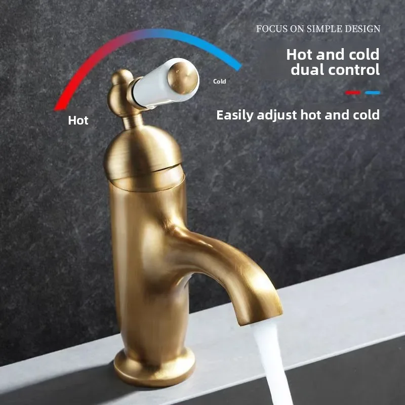 Brass Basin Faucet Wash Basin Bathroom Hot and Cold Faucet French Retro Deck Mounted Water Tap