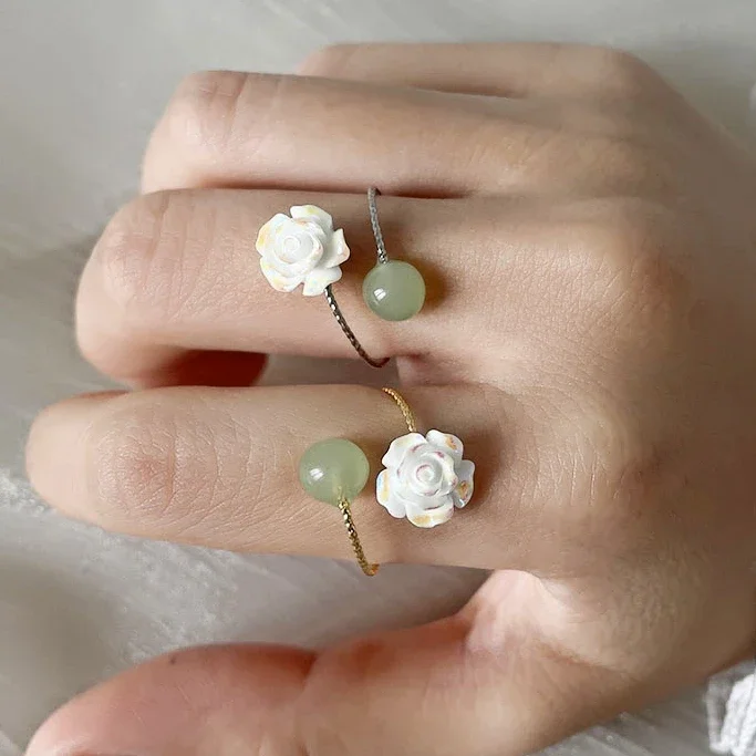 VIVILADY 925 Silver Hotan Jade Rose Camellia Flower Opening Adjustable Rings for Women Fine Jewelry Cute Accessories