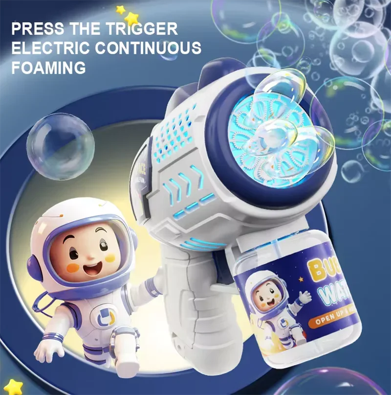 Astronautas espaciais Totalmente automático Bubble Gun, Rocket Bubbles Machine, ventilador automático com bolha líquido brinquedo para crianças, presente