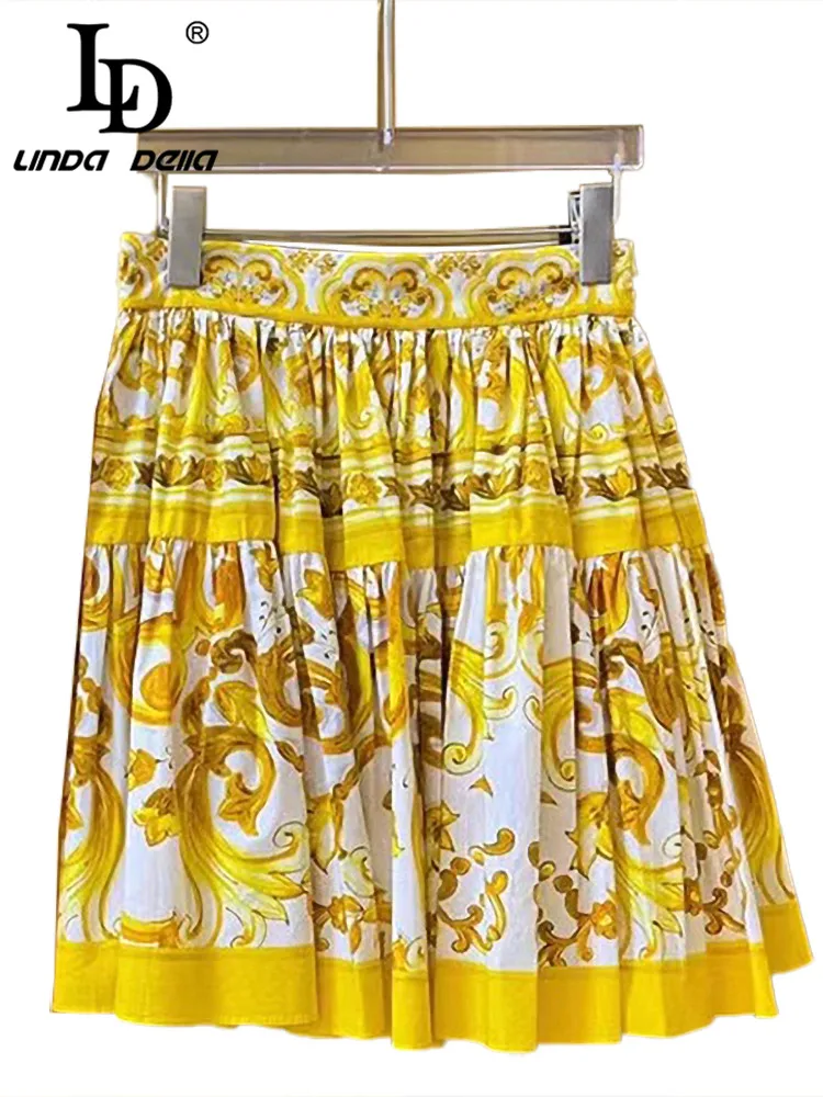 LD LINDA DELLA Summer Women\'s Vintage Suit Long sleeved Tops+Casual Skirt Wool Knitted Fabric Baroque printed Two Piece Set