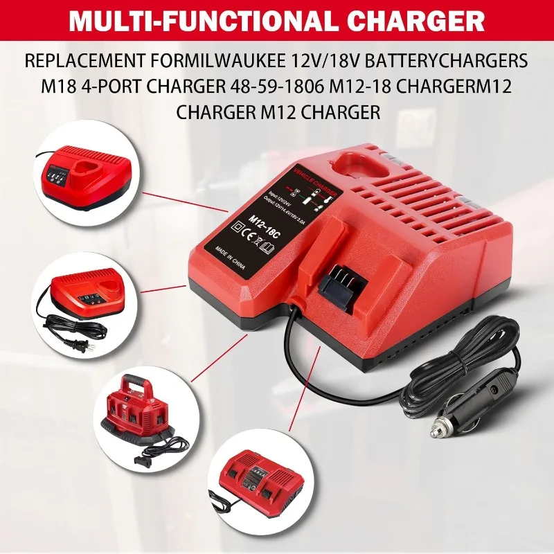 Car Charger for Milwaukee 12V 14V 18V Li-ion Battery 48-11-2401, 48-11-2402 Cigarette Lighter Plug Multi-Voltage Charger