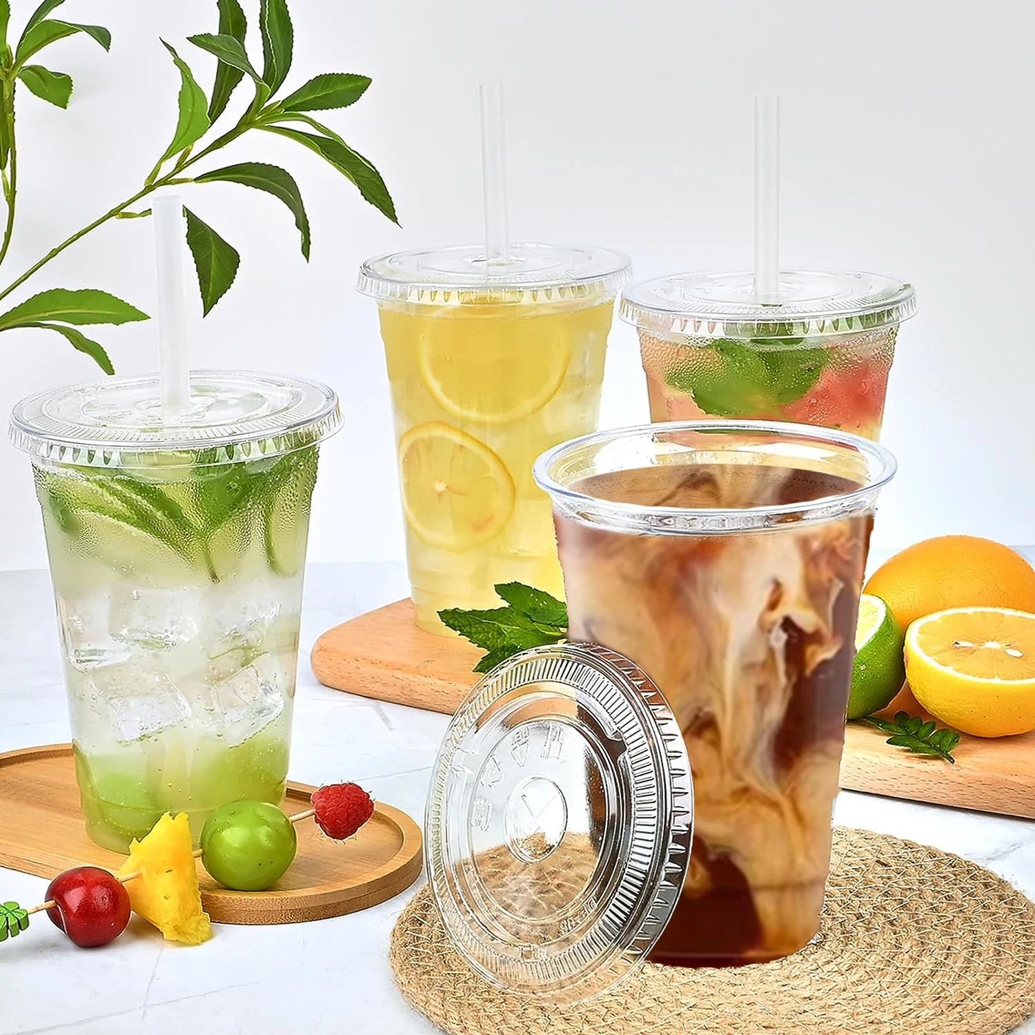 50PCS 16OZ Clear Plastic Cups Flat Lids Disposable Drinking Cup for Party Wedding Ice Coffee Milkshakes Drinking Glasses Bulk