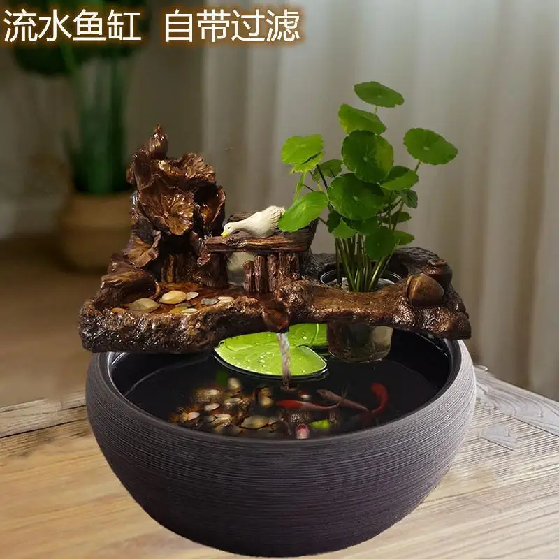 Living room desktop ceramic ancient method circular fish tank flowing water filter oxygenated water circulation system