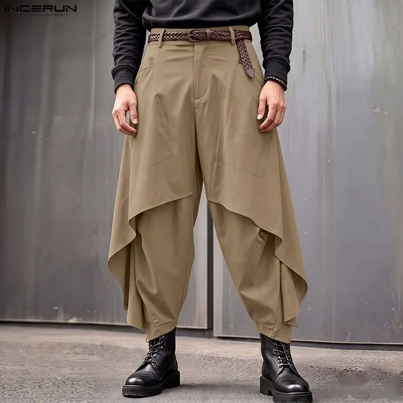 Fashion Men Irregular Pants Solid Color Button Pockets Joggers Streetwear Trousers For Man Loose Casual Pants Pantalones INCERUN