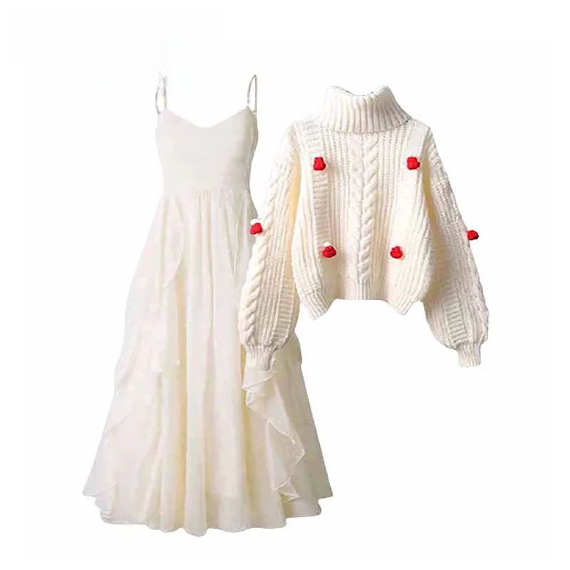 

Spring Autumn Design Sensation Sweater Dr Set Women's ature Maturi Sle Strap Dr Two Piece Set High Waist Long S...