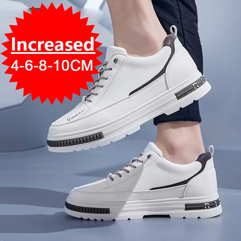 

Fashion Men's Casual Sneakers 8CM 6CM Elevator Shoes White Sports Board Invisible Height Increase Shoes Black Leather Men Shoes