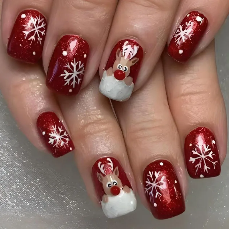 

24Pcs Christmas Red Press on False Nails with Snowflake Reindeer Design Short Square Head Fake Nail Tips Wearable Xmas Manicure
