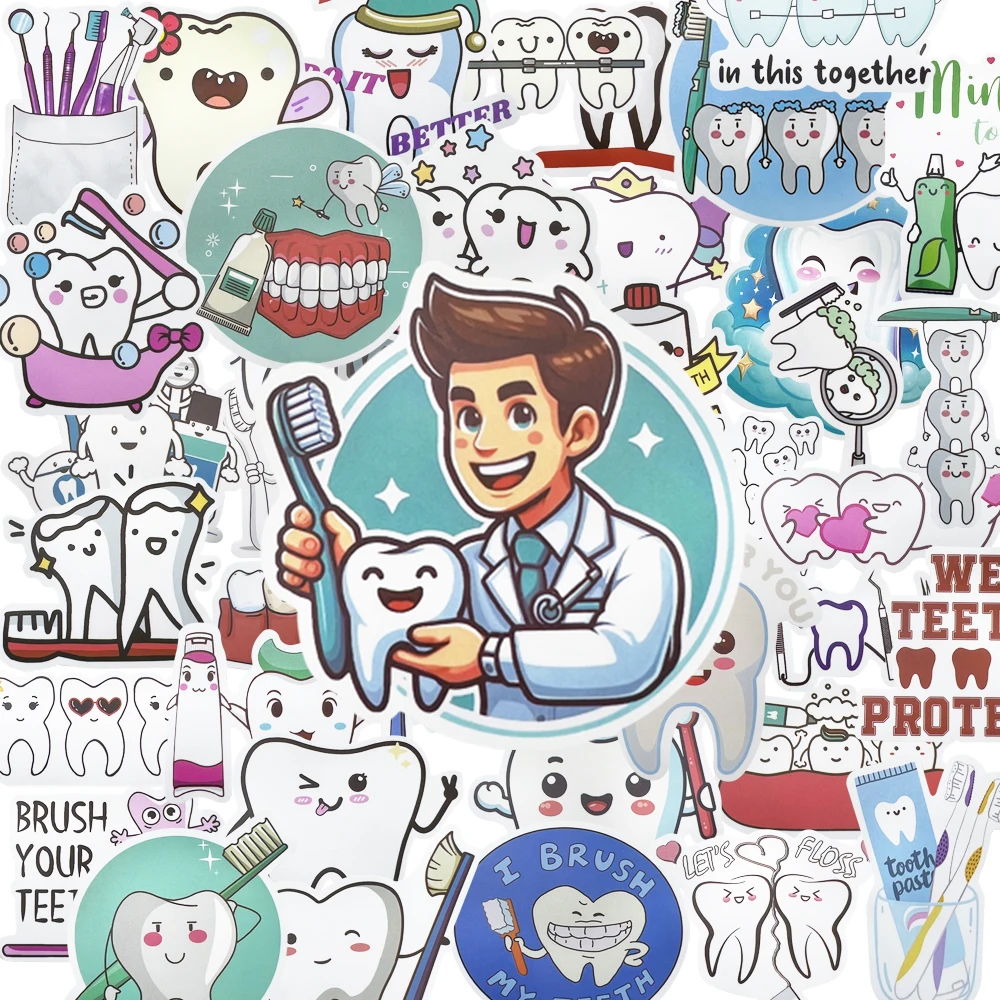 50Pcs Cute Cartoon Protect Tooth Stickers Brushing Pattern Molar Toothbrush Shape Sticker Dentistry Graffiti Gift Clinic Decor