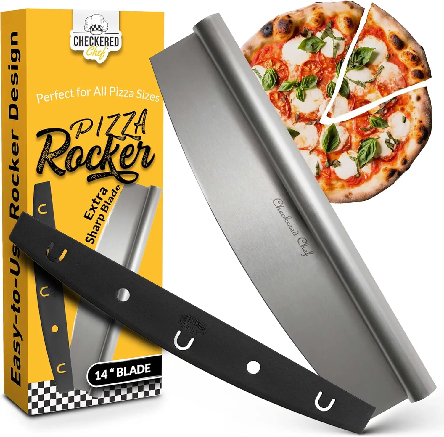 

14" Stainless Steel Pizza Cutter Rocker Blade with Sheath, Dishwasher Safe for Easy Slicing