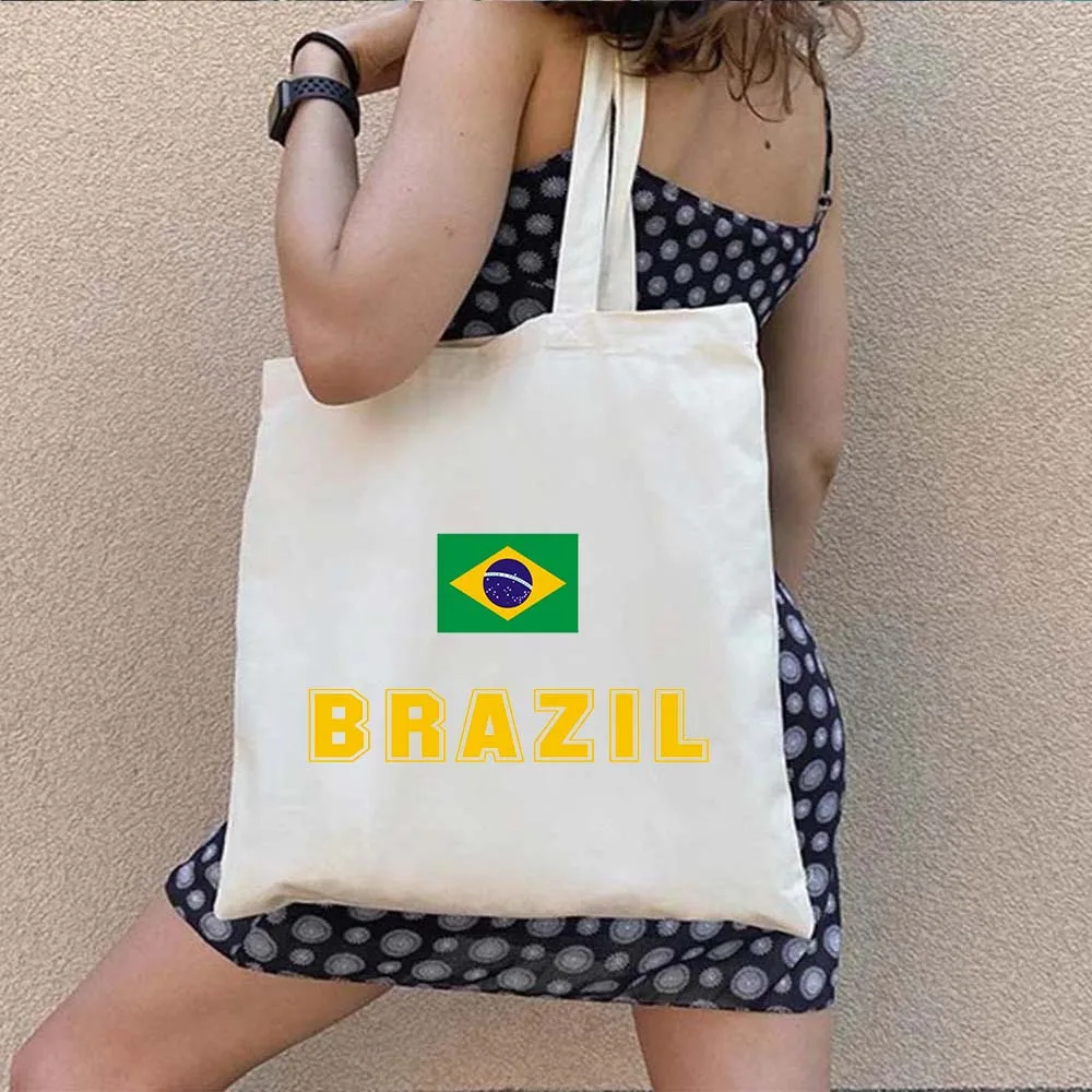 Brazil Map Brazilian Flag Heartbeat Love Heart Country Watercolor Shopper Harajuku Canvas Tote Shoulder Bag Eco Shopping Handbag