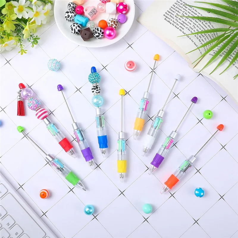 Upgraded 12 Pcs Multicolor Beadable Pens 4In1 Colored Beads Pen Retractable Ballpoint Pens For DIY Making Kit Students Children