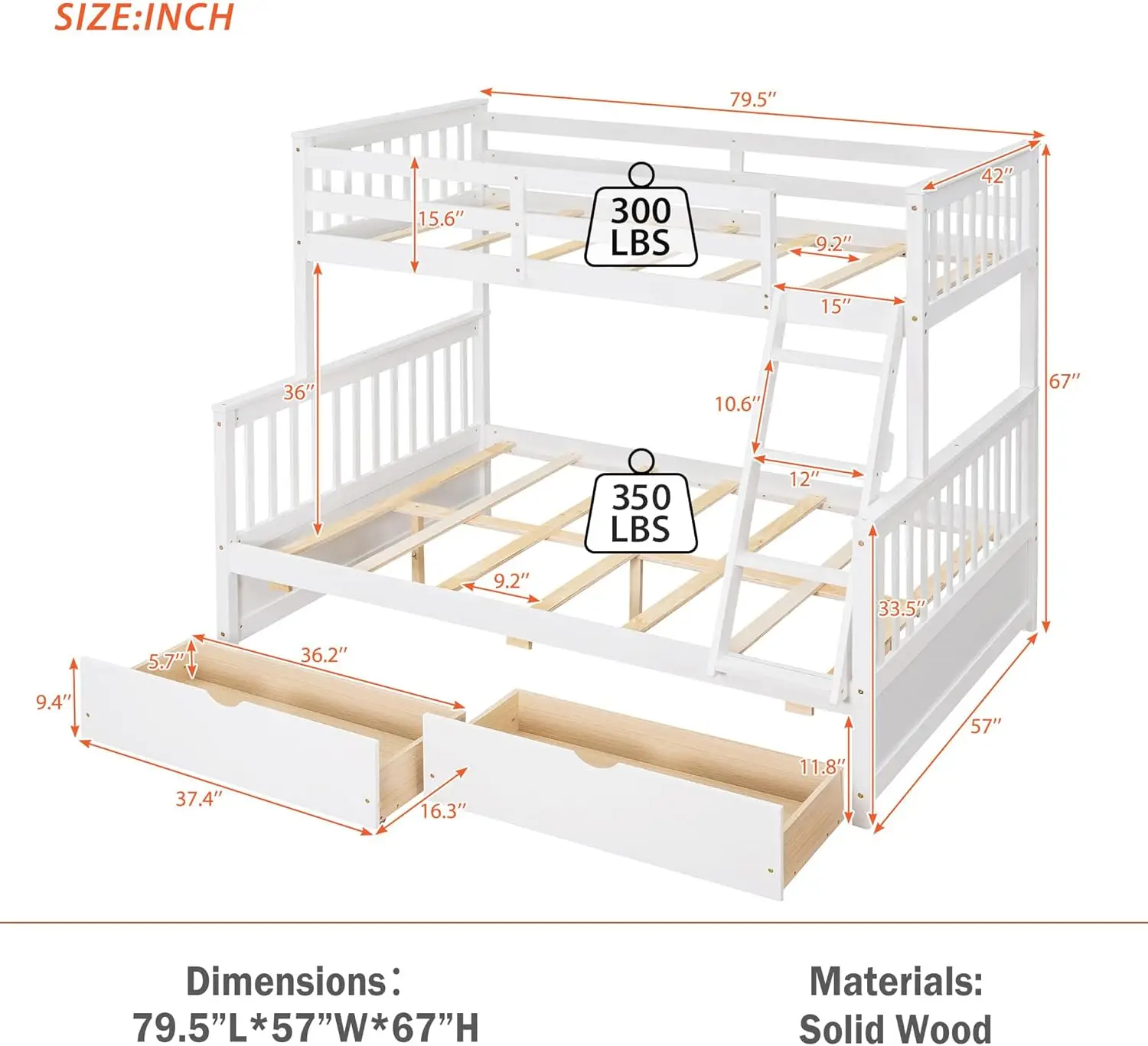 Wood Bunk Bed with Drawers,Convertible Wood Bunk Bed with Ladders,Solid Wood Detachable Bunk Bed Frame with Ladders,White