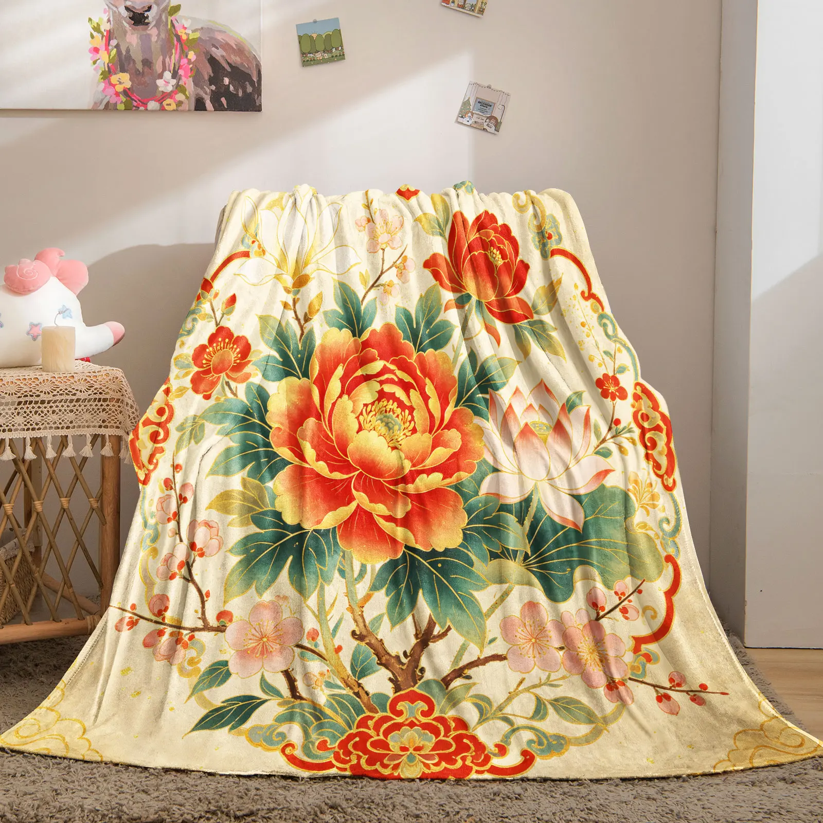 Chinese Traditional Peony Lotus Magnolia Plum Blossom Flannel Throw Blanket Vintage Oriental Auspicious Floral Plush Blanket