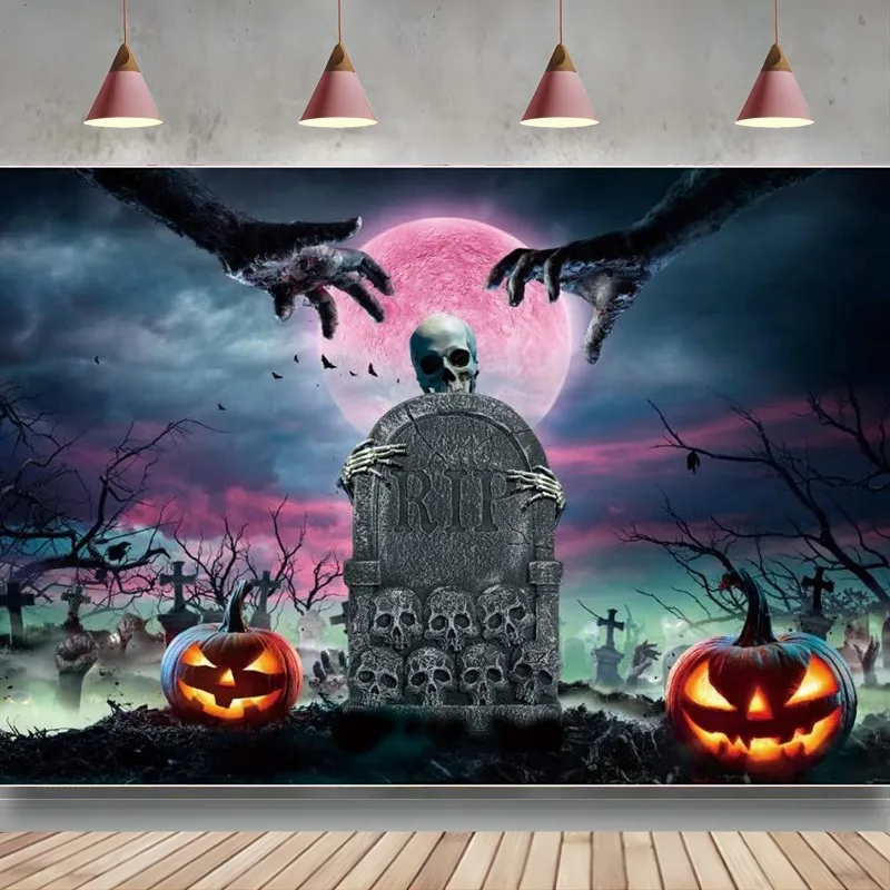 

Halloween Backdrop Party Decoration Creepy Ghost Scary Skull Pumpkin Cemetery Tombstone Photography Background Studio Props