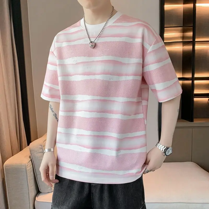 Men's Striped Casual Short Sleeve T-Shirt Breathable Daily Wear Round Neck Knit Top