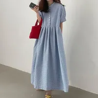 Plus Size 300 Pounds Hong Kong Style Retro Plaid round Neck Small Button Knee-Length Long Dress Loose Slimming Summer Dress