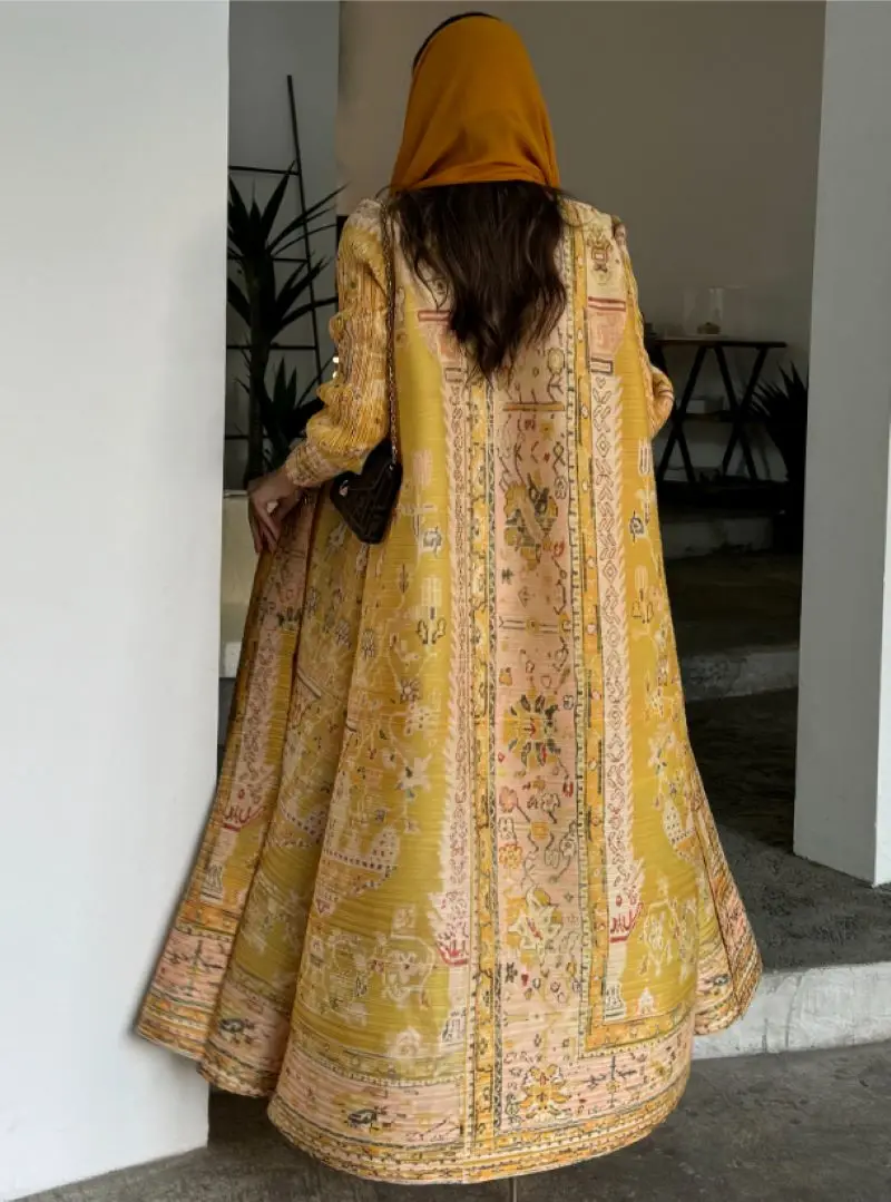 Abaya Ethno Style Print Plissee Long Cape Coat Miyake Frühling/Sommer große Revers Schnür jacke Top lang