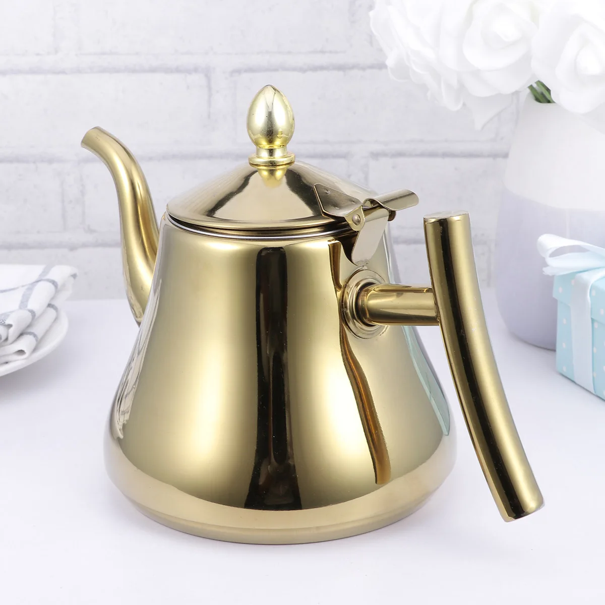 

1L Stainless Steel Tea Pot Coffee Pot Teapot Kettle Strainer Curvy Handle Glossy Home Restaurant Kitchen Barware Golden