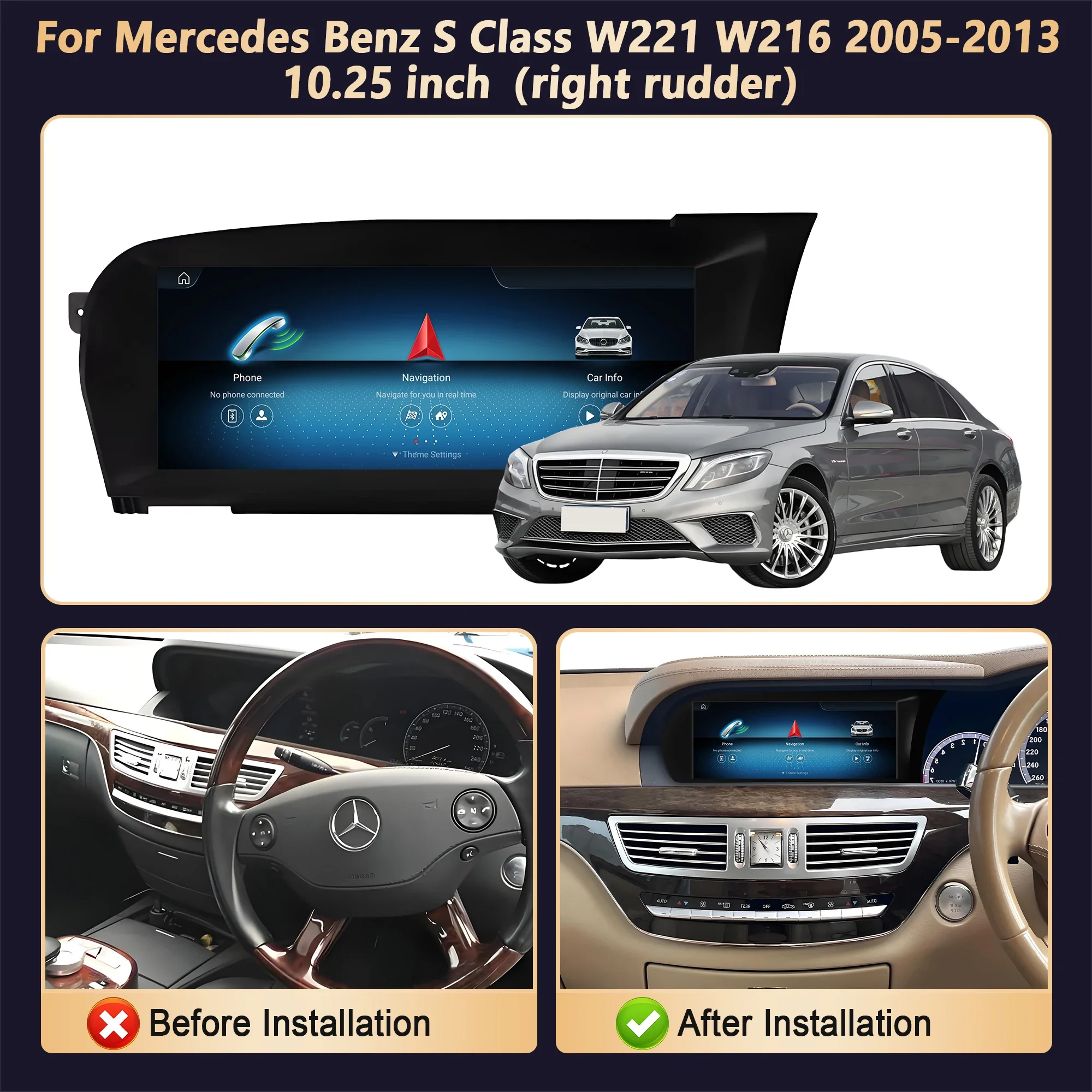 10.25 inch Right Hand Drive Car Radio For Mercedes Benz S Class W221 W216 2005-2013 Snapdragon 680 Android 14 Carplay Wireless