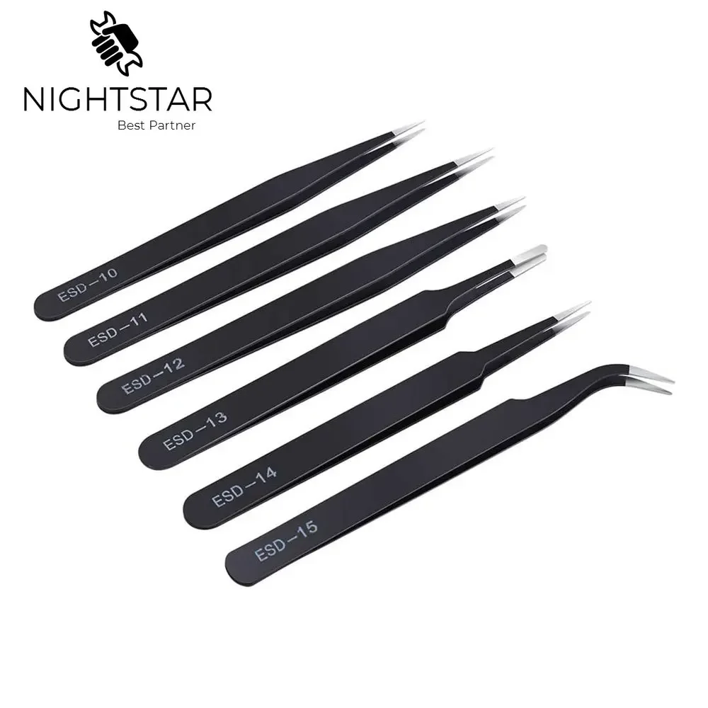 Juego de pinzas de precisión antiestáticas, pinzas ESD de acero inoxidable, herramienta de soldadura de reparación electrónica para pestañas de belleza