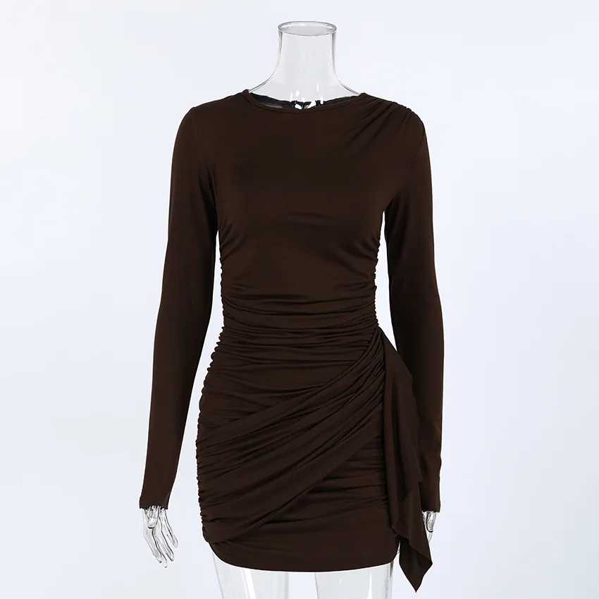 Abito aderente con volant marrone scuro 2026 da donna Mini abito slim fit a maniche lunghe con collo alto Abiti da sera con volant elasticizzati