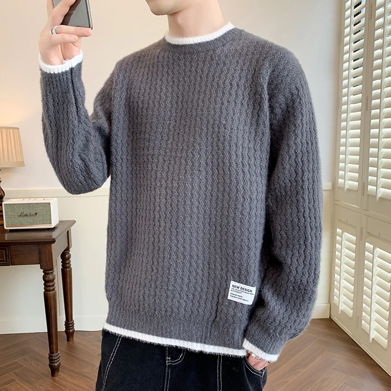 Men's Autumn Winter Solid Letter Pullover Round Neck Paisley Screw Thread Long Sleeve Sweater Knitted Undershirt Casual Tops