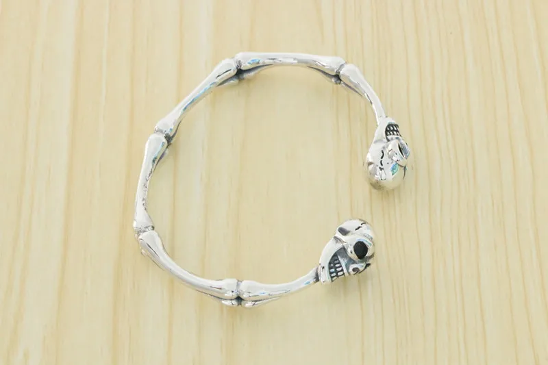 European and American Exaggerated S925 Sterling Silver Bracelet Retro Fine Skeleton Head Punk Open Bracelet Fashion Men Personal