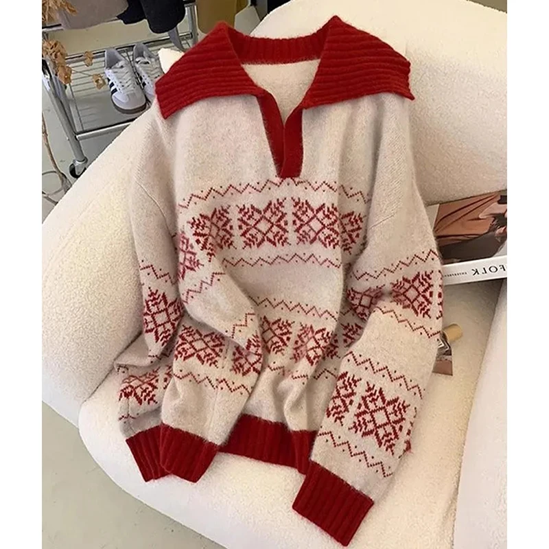 ジャカード甘いクリスマスレッドセーター女性韓国ヴィンテージクラシック長袖プルオーバー長袖シックなフェイクミンクフリーストップ