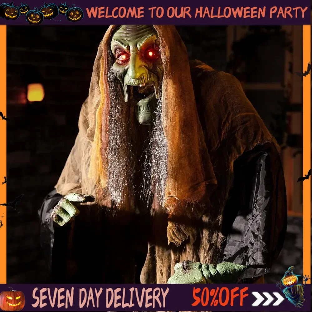 Halloween Decorations 72'' Animatronics Witch- Sound & Sensor Activated with Creepy Sound, Motion, Light Up Eyes, Haunted House