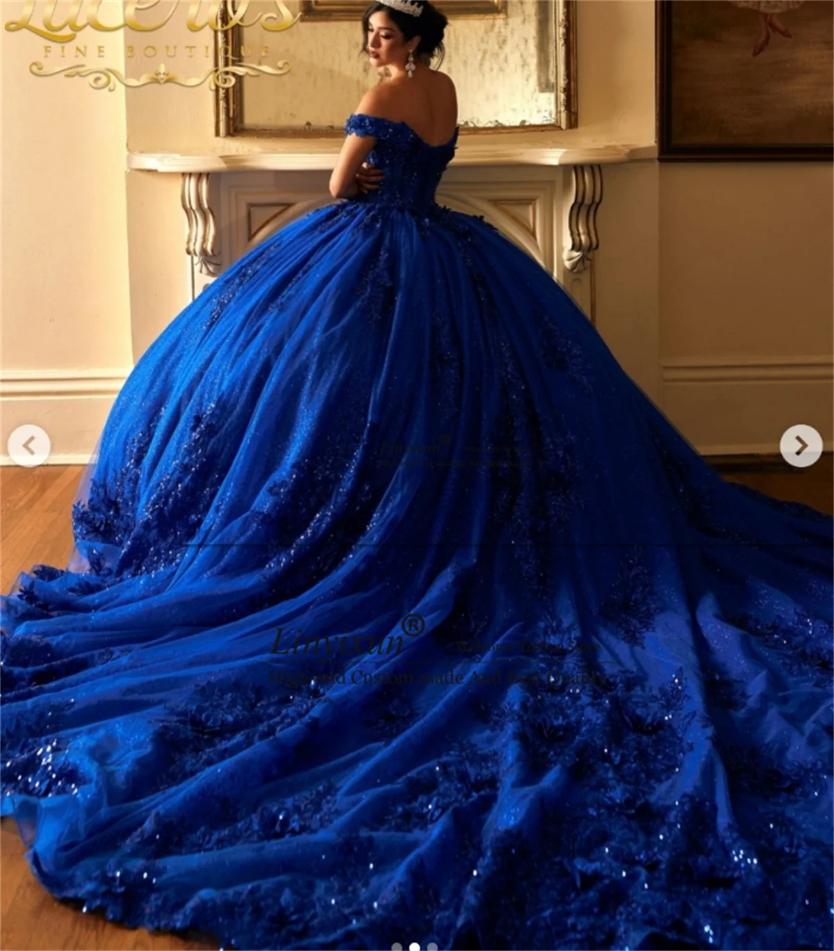 Glitter Royal Blue Quinceanera Dress Ball Gown Sequins Applique Beaded Bow Sweet 16 Customized Off Shoulder Vestidos De 15 Anos