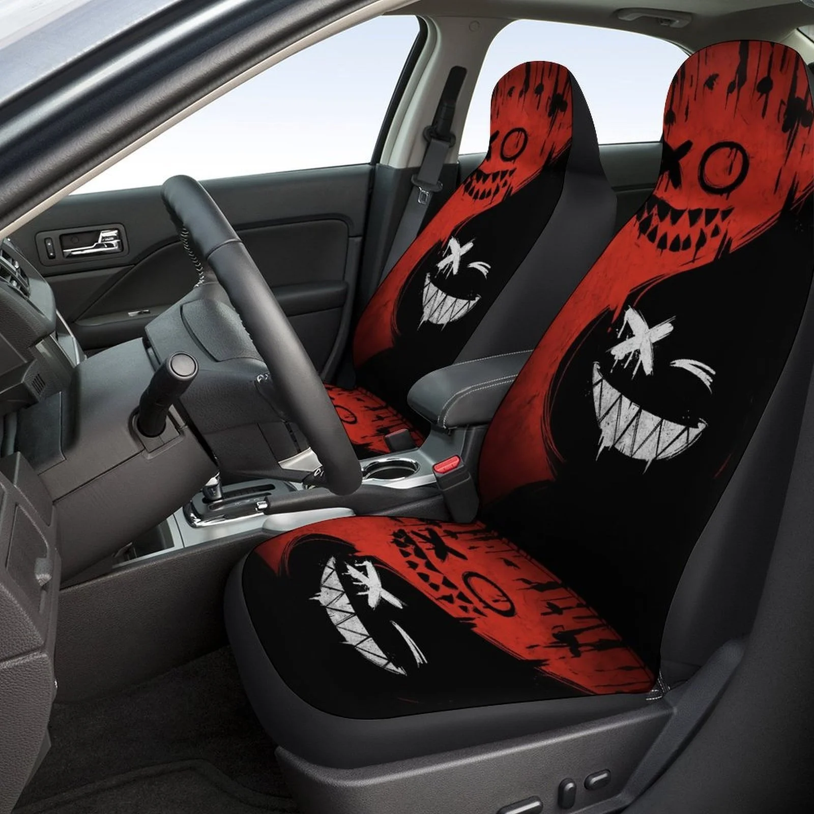 2pcs Of Breathable And Non-Slip Car Front Seat Covers With A Black And Red Devil Smile Design