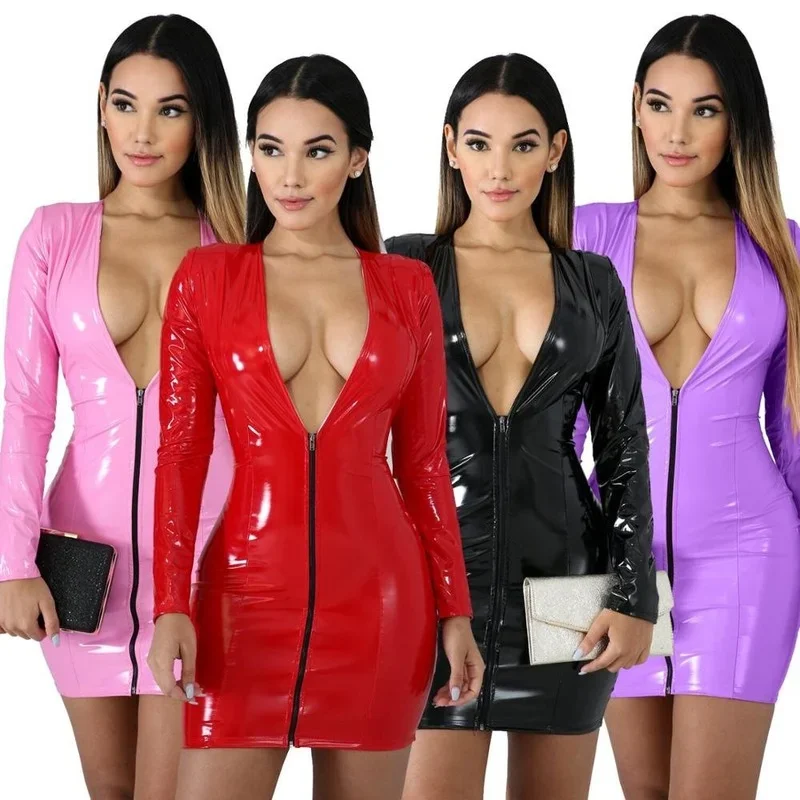 Women's Sexy V-neck Zipper Sheath Dress Club Pole Dance Outfit