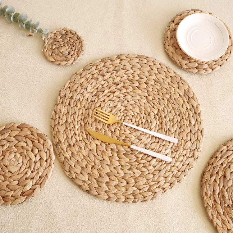 HeMu Natual Straw Weave Rattan Round Placemats Cups Mat Thickened Insulation Mat Dining Table Home Decor  Sand Pot Mat