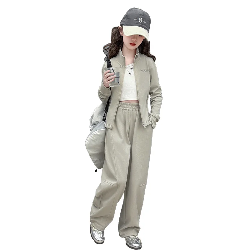 New Casual Girl Slim Fit Clothing Set Korean Child Turtleneck Jacket And Sweatpants 2 Pieces Suit Kids Brief Sportswear Clothes