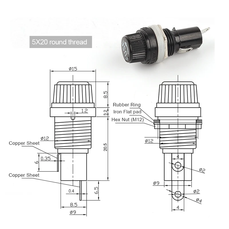 5/10pcs 5×20mm 6×30mm  250V AC Fuse holders Thread / Cross Black Bakelite Insurance Tube Socket Panel  Mount Fuse Socket Copper