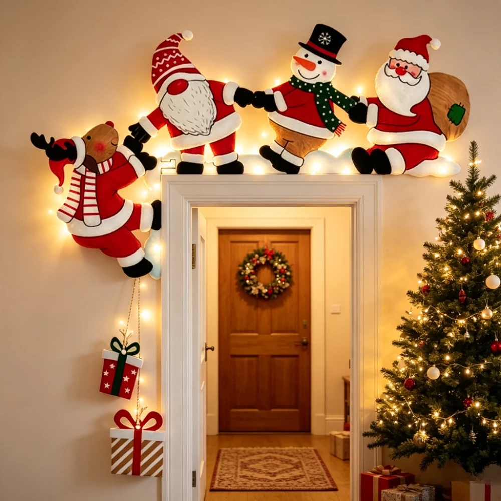 Christmas Door Frame Decoration Santa Snowman and Reindeer Door Topper with Gift Boxes for Holiday Home Wall Corner Ornament