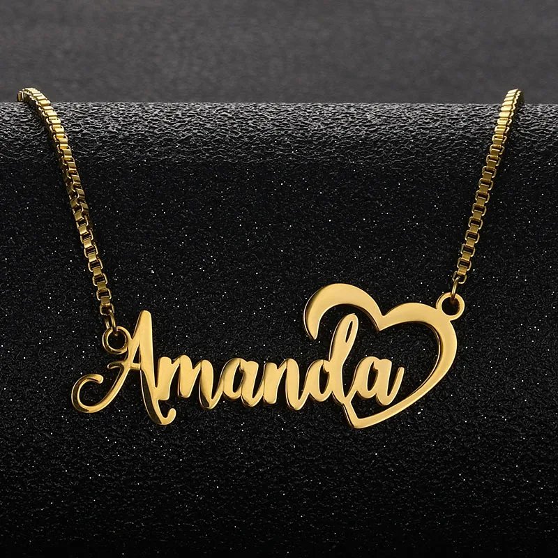 Women's Name Necklace Personalized Letter Heart shaped Nameplate Gold Stainless Steel Box Chain Necklace Jewelry Exquisite Gifts