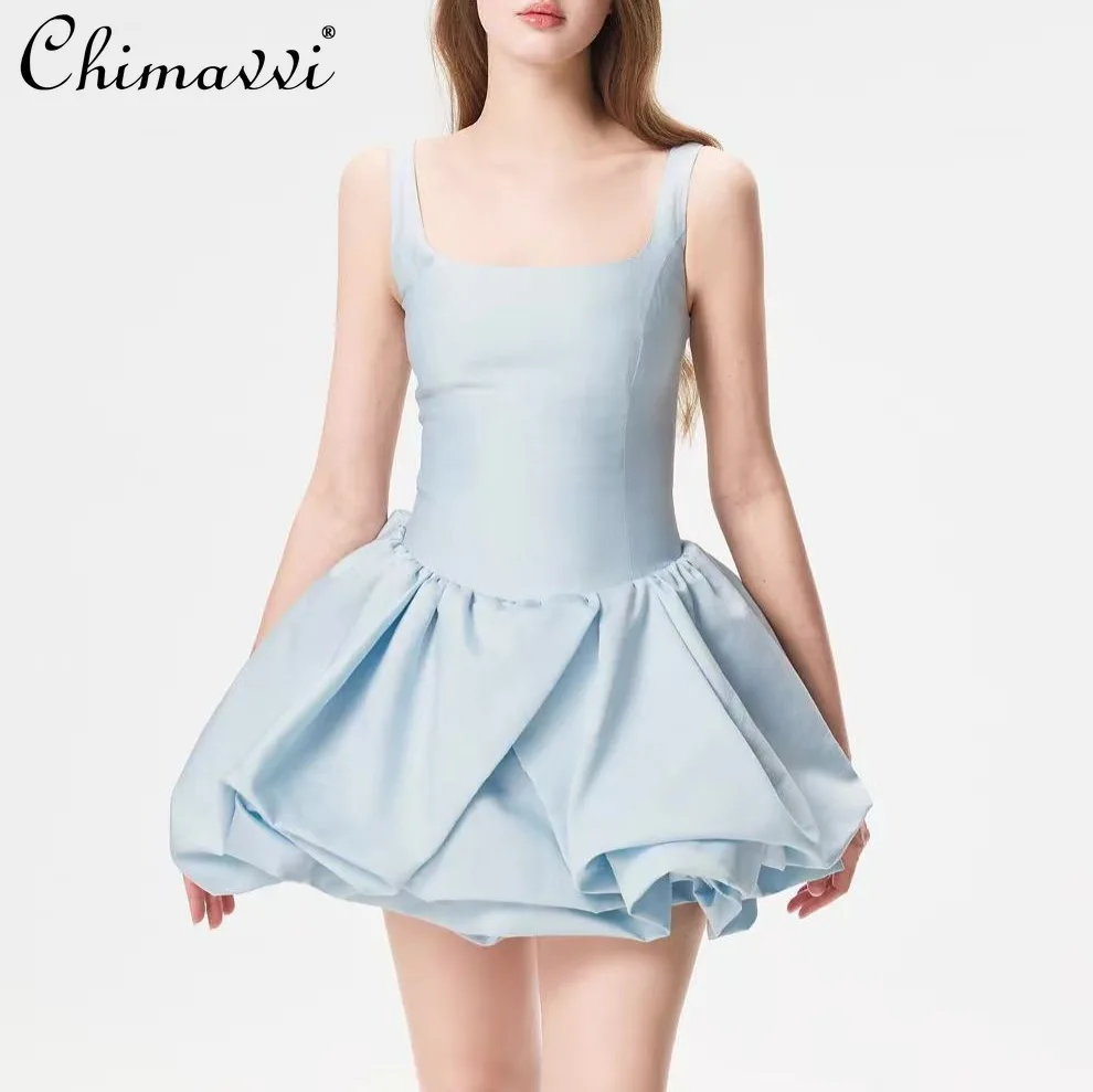 

French Elegant Fashion Celebrity Birthday Party Dress Square Neck Sleeveless High Waist 3D Bud Short Dress For Women Summer 2026