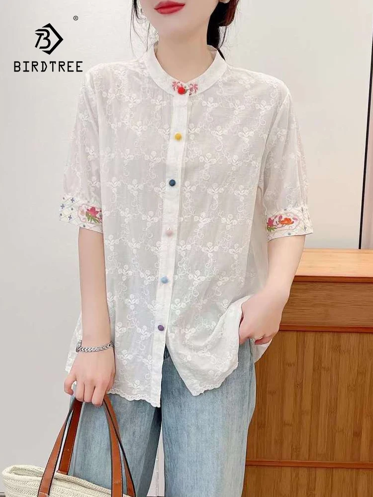 

New 2025 Summer Cotton Short Sleeve Shirt, Women Stand Embroidery, Mori Girl Ethnic Style Retro Commute Loose Blouse T56049CC