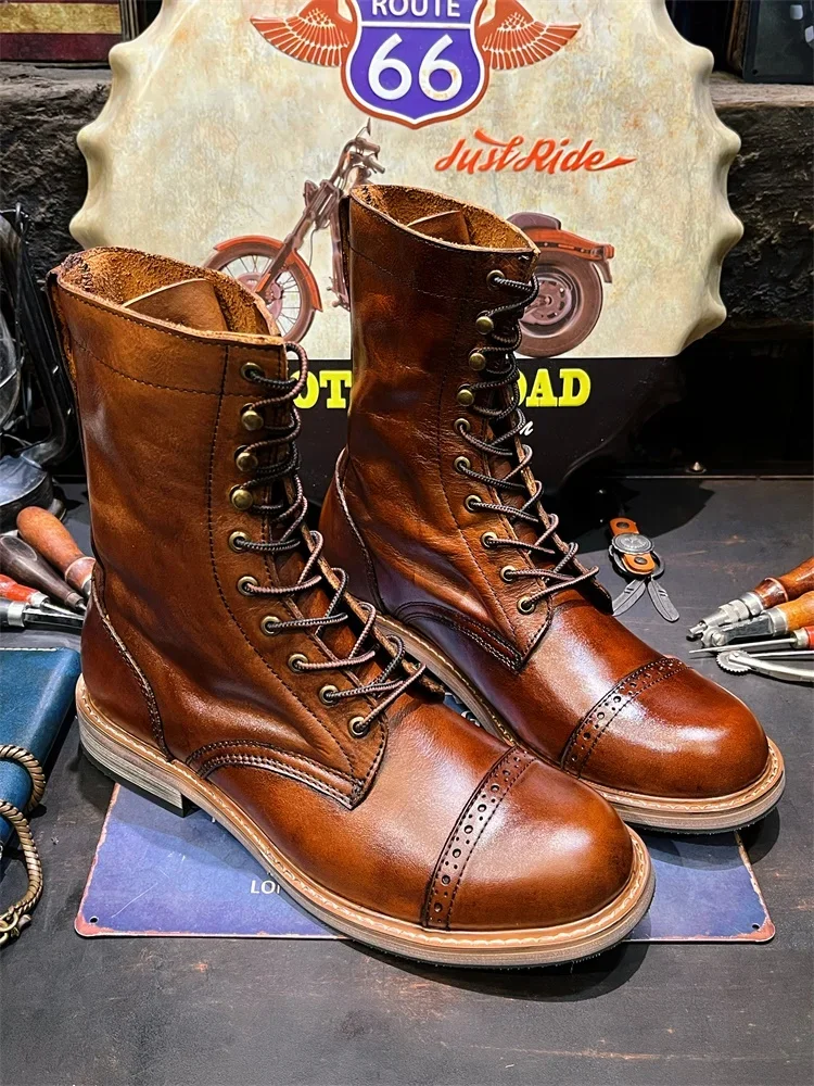 American Vintage Leather Tooling Cycling Boots Men\'s Big Head Layer Cowhide Long Motorcycle Shoes