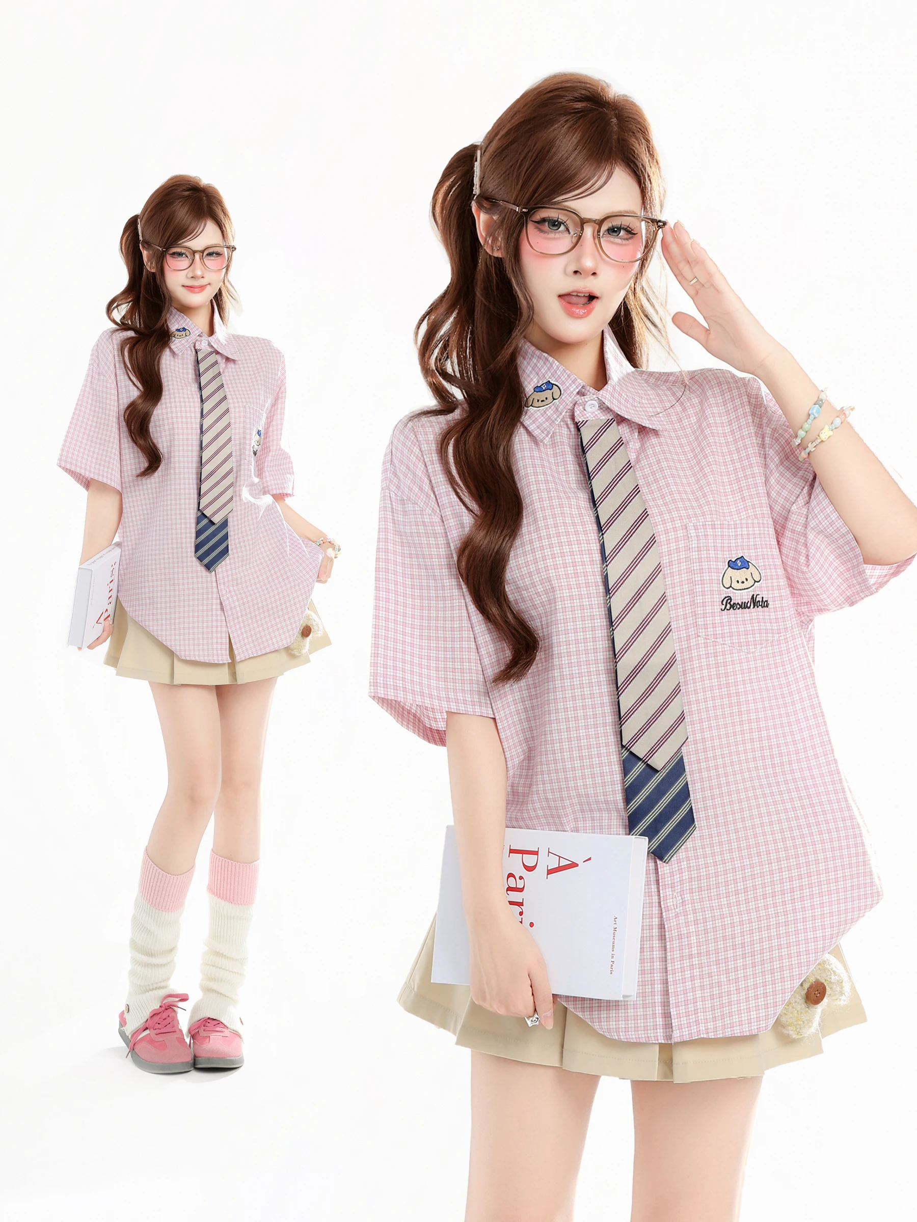 

HTYM Sweet School Style Embroidered Dog Grid Short Sleeve Women's Summer Loose Casual Shirt Lazy Ins Korean Version Breathable