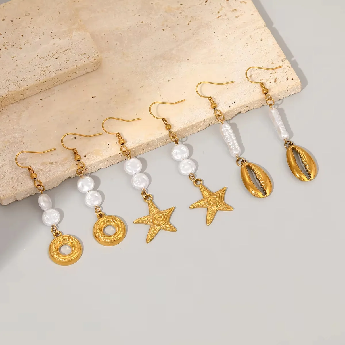 

Fashion Bohemian Ocean Style Geometric Starfish Shell Pendant Earrings Stainless Steel Pearl Earrings Jewelry For Woman Daily