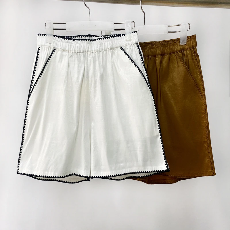 

Maxdutti French Minimalist Rural High Waisted Five Quarter Pants For Women Elastic Waisted Straight Embroidered Shorts Bermuda
