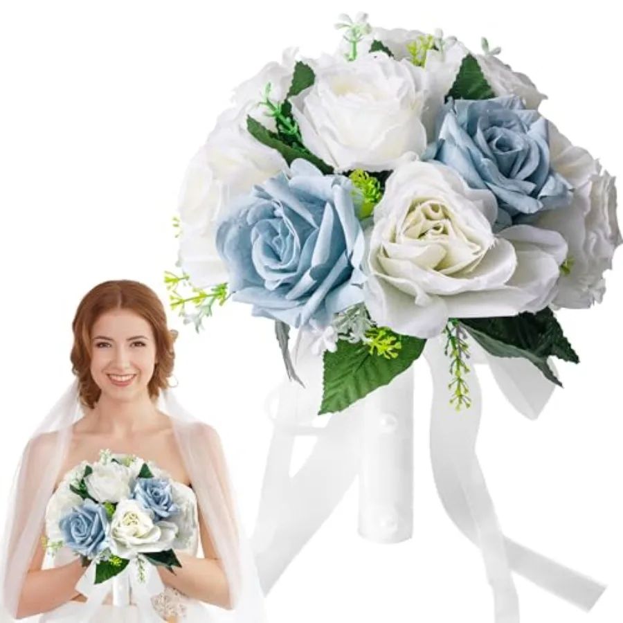 

Wedding Bouquets for Bride and Bridesmaid - Realistic Silk Flowers Artificial Roses, 8 Inch Bridesmaid Bouquet for Ceremony, Ch