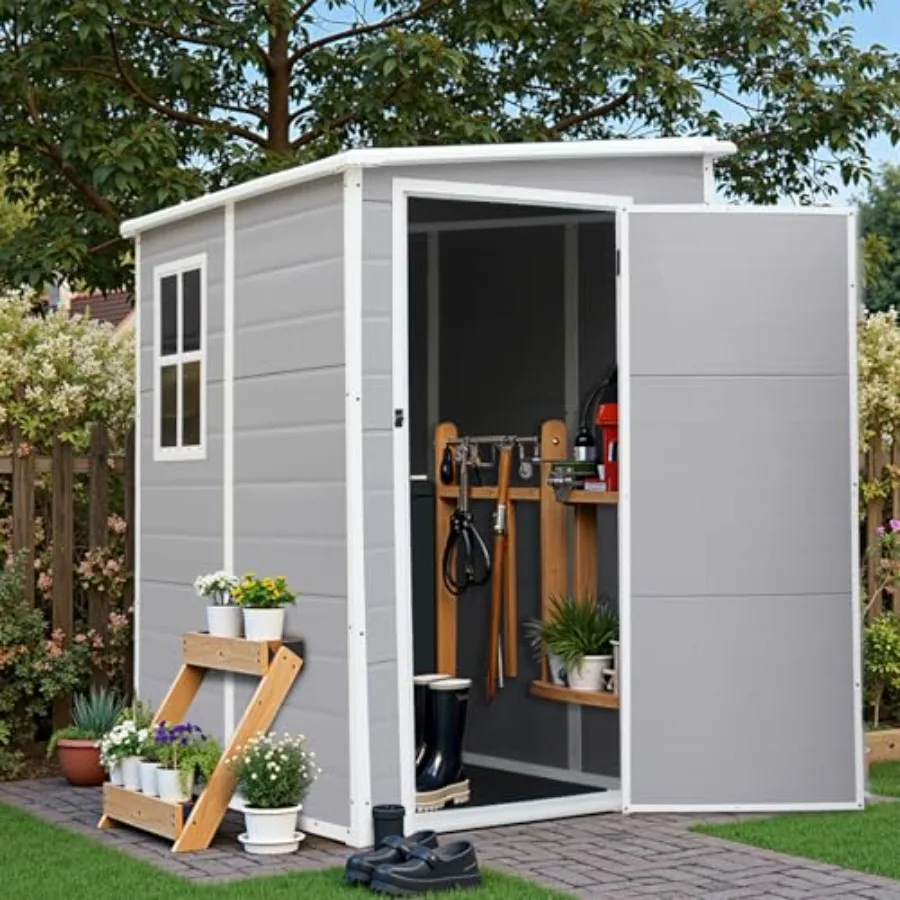 Outdoor plastic storage shed for patio use, light grey, weatherproof and lockable, 5x4 FT large-capacity design for garden tool