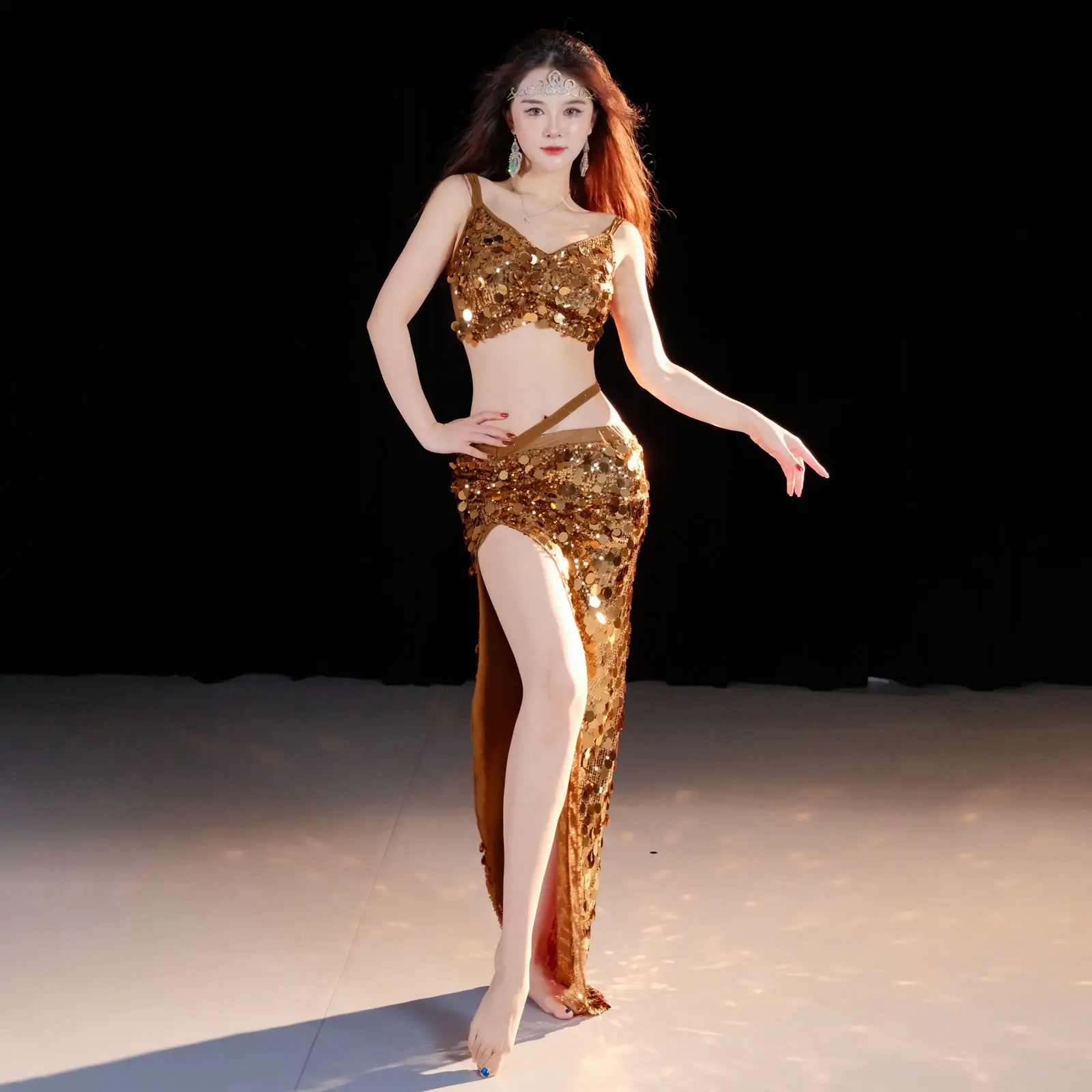 Sexy Belly Costume Set, 2pcs Sequin Top and Side Split Skirt, Oriental Solo Dance Performance Outfit for Women