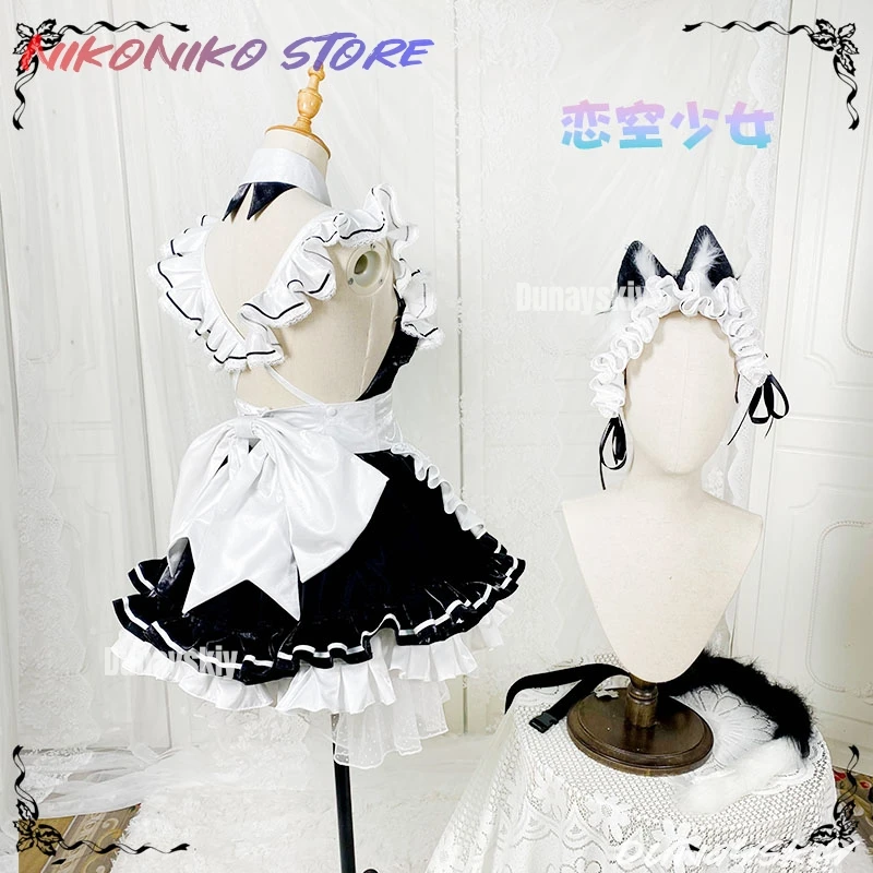 أزياء نيكي التأثيرية للنساء فستان خادمة خاصة أنيمي كوسبلاي آذان القط الخاصة أزياء الهالوين أسود وأبيض خادمة كوسبلاي