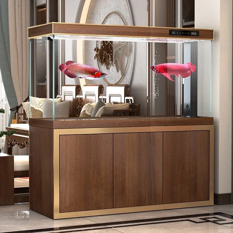 Modern light luxury ultra-white fish tank, large arowana tank in living room, intelligent bottom filter goldfish tank in office