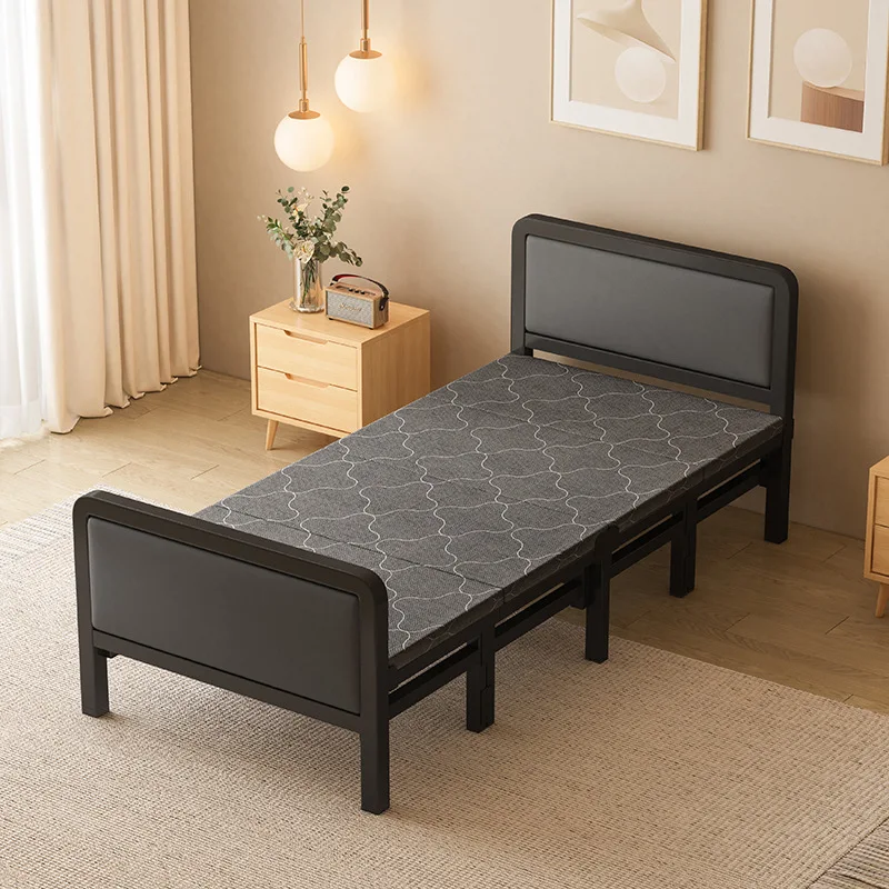 Portable Single Bed Adult Home Use Foldable Iron Frame Hard Board Reinforced Nap Lounger Office Recliner Single Folding Bed